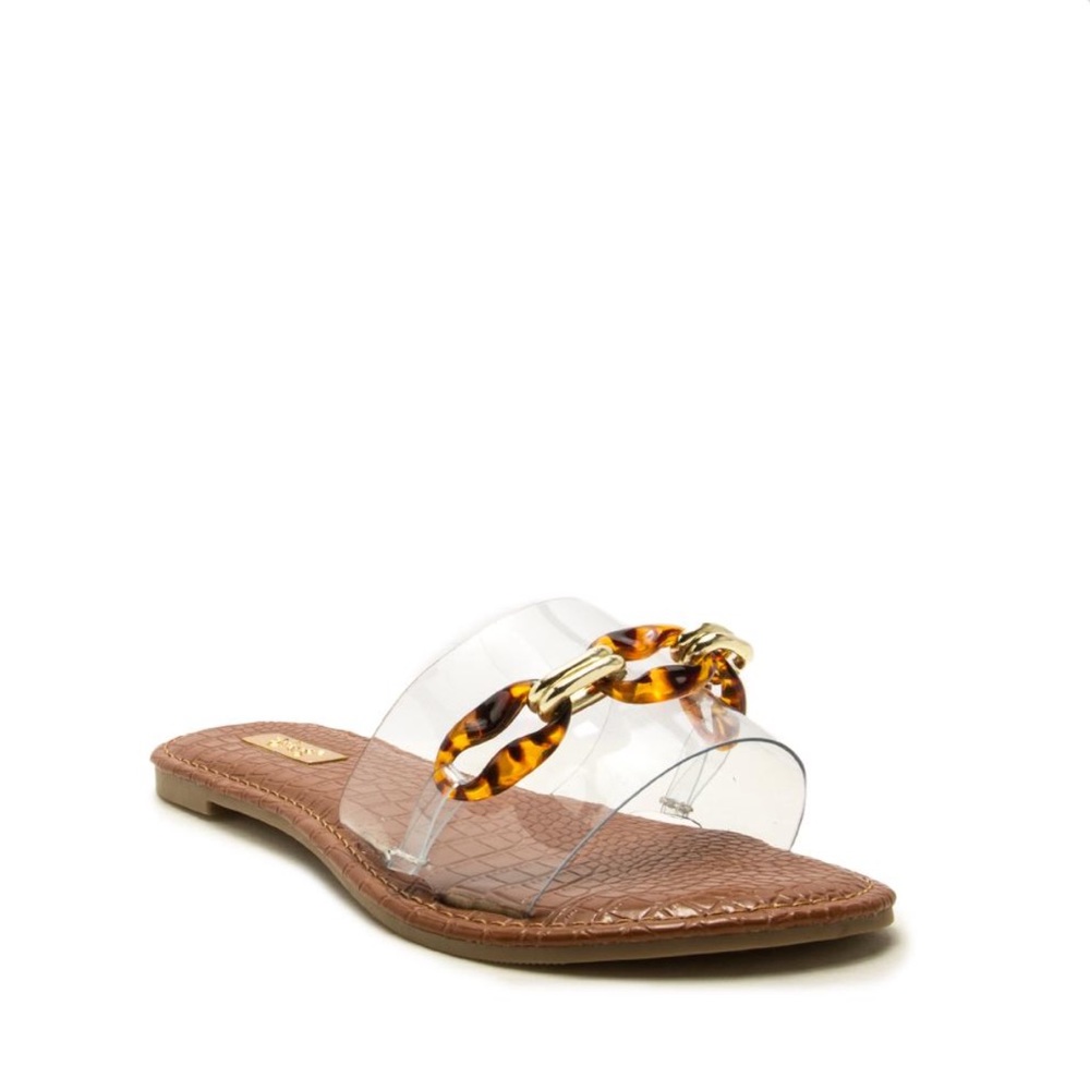 Clear Strap Slide Sandal w/ Tortoise Chain Detail